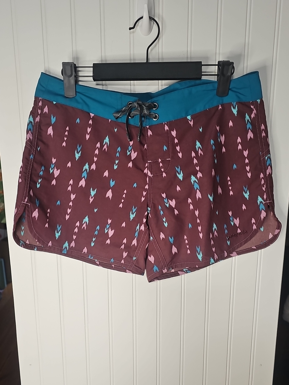 Patagonia Burgundy Swim Shorts with Teal Waistband and Pink Accents
